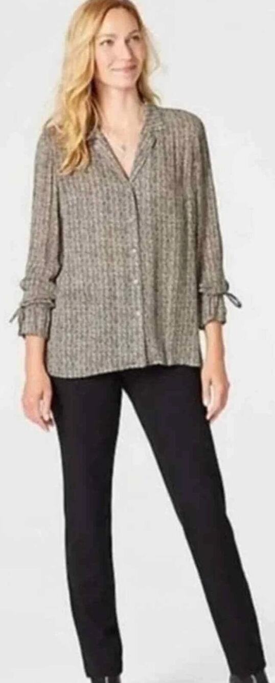 J. JILL Herrington Print Button Down Tie Sleeve Blouse Size L